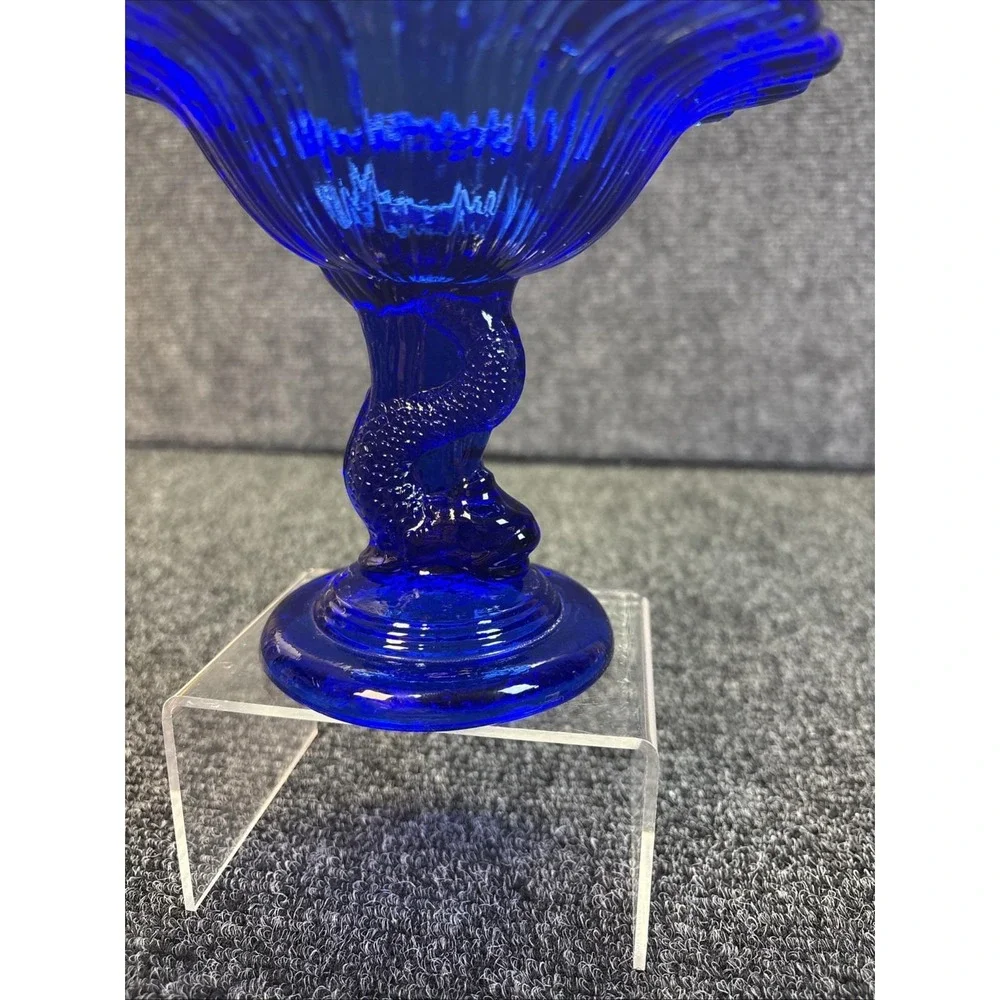 Vtg~Northwood~Koi Fish Stem Cobalt Blue Glass Compote/Candy Pedestal Dish
